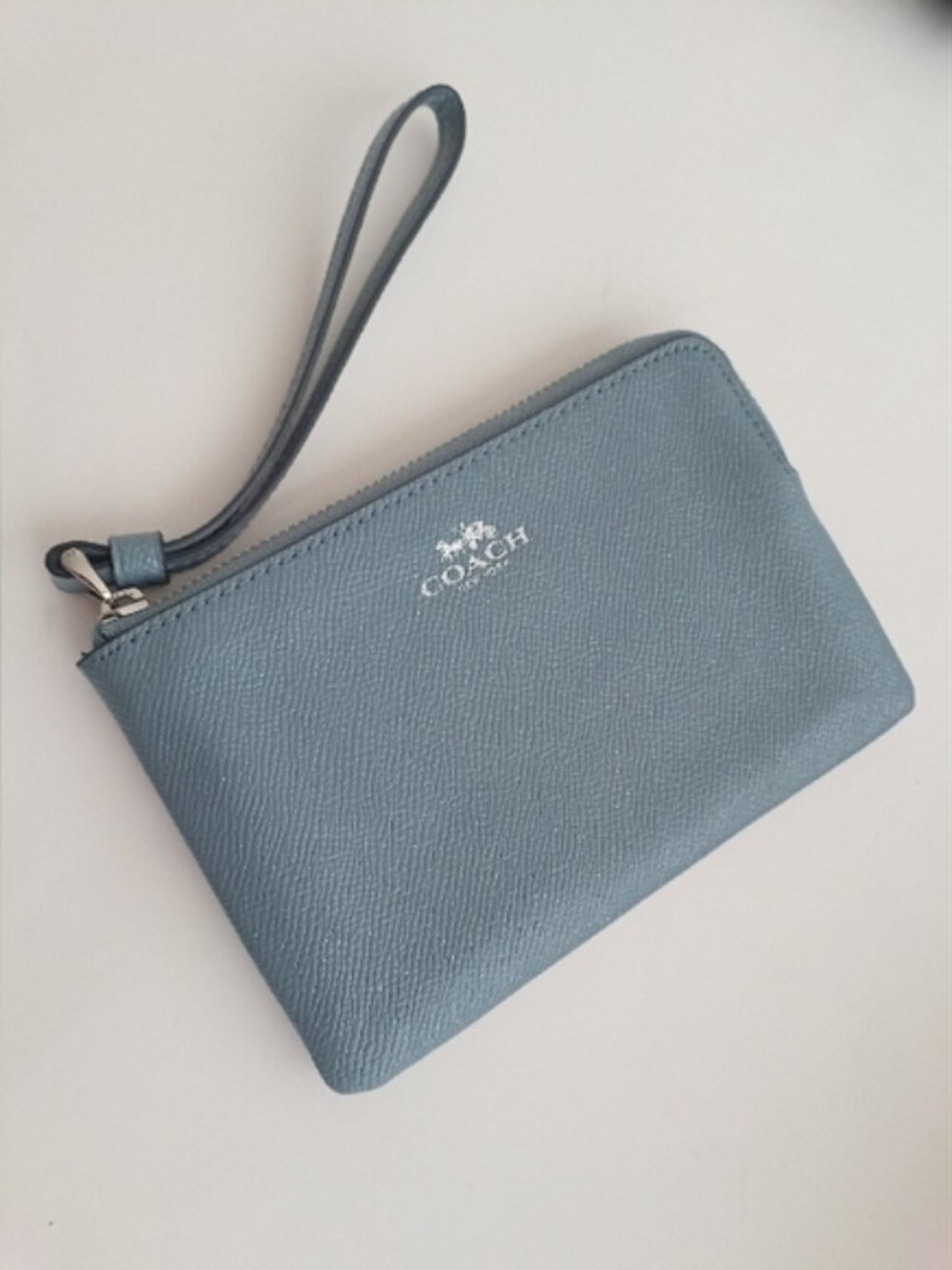 Coach Silver Blue Metallic Finish Corner Zip Textured Wristlet Clutch
